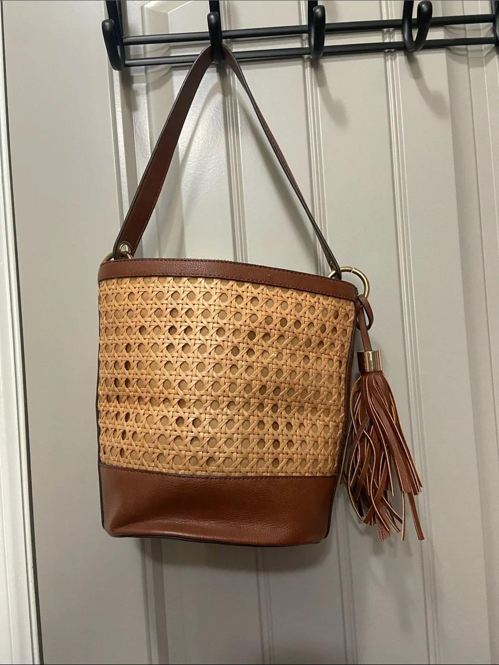 Woven Rattan & Brown Leather Bucket Bag with Tassel